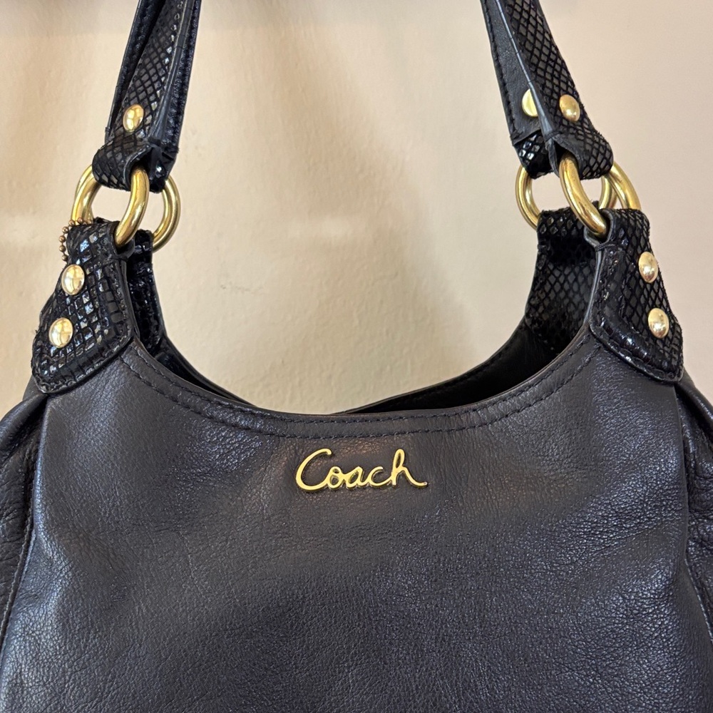 Coach Ashley Hobo Black Leather Shoulder Bag with Gold Script Logo - Picture 2 of 10
